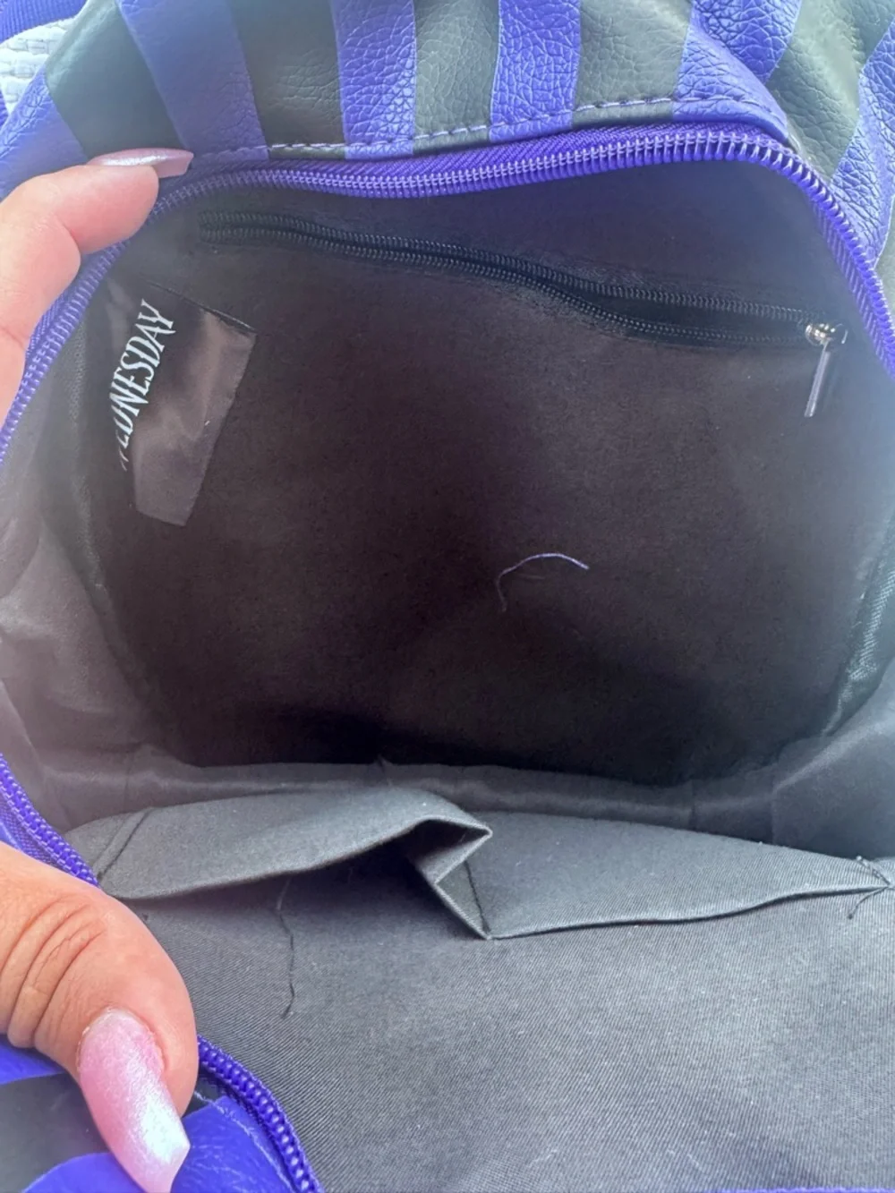Wednesday Nevermore Mini Backpack Purple Black Striped Faux Leather